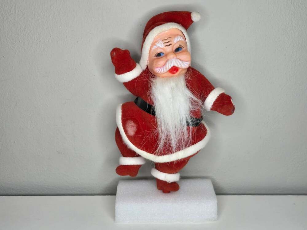 Vintage Flocked Dancing Santa Claus Figurine Retro Christmas Decor